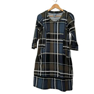 Rabbit Women's Shift Dress 6 Multicolor Plaid 3/4 Sleeves Crew Neck Pockets